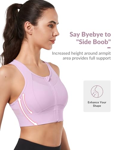 Image of Yvette Women's Sports Bra Front Zipper High Impact Support Mesh Racerback | Plus Size Friendly,Sewn-in Pads Stay Put,Wirefree & Supportive,Breathable,Secure Zip Closure,For Large Bust,Running,Gym,HIIT
