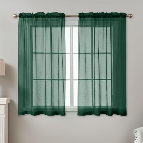 Image of Green Sheer Curtains 54 Inch Length, Privacy Semi Sheer Curtains for Dining Room Kitchen, Light Filtering Rod Pocket Voile Window Drapes 2 Panels Set, Each 42 inch W x 54 inch L