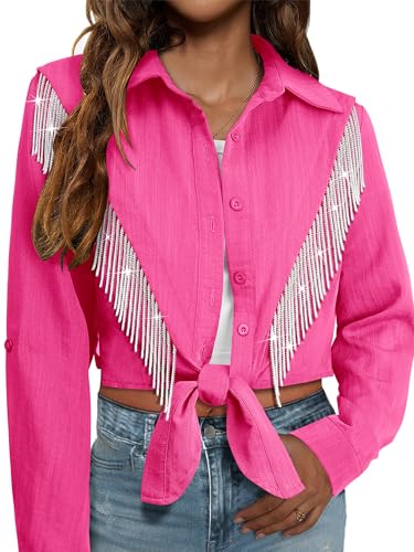 MYMORE Womens Rhinestone Fringe Cropped Button Down Shirt Rolled 3/4 Sleeve Tie Front Top Western Cowgirl Rodeo Outfit