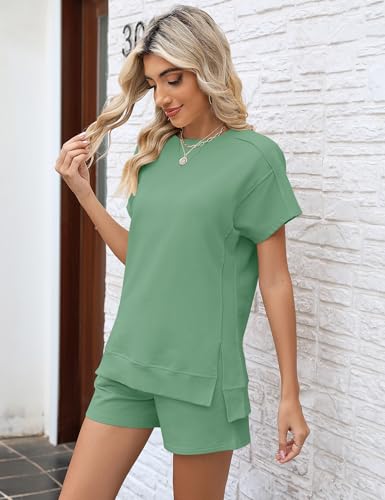 Image of LOMON Womens Fashion 2 Piece Outfits Sweatsuits 2026 Summer Short Sleeve Loungewear Tracksuit Round Neck Lounge Shorts Sets