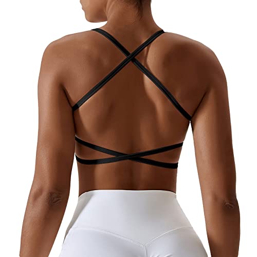 Sfit Brassière Sport Femme Dos croisé Soutien Gorge Sport Femme Dos Nu Bustier sans Armature Coussinets Amovibles Elastique Rembourré Fitness Yoga(Noir,S)