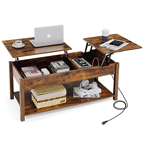 Likein Lift Top, 42.5" Double Lift Coffee Table With Hidden Storage Compartment, Living Room Center Wood Coffee Table With Usb Ports And Outlets Charging Station (Rustic Brown) #TOP8