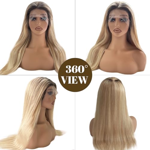 Image of Belaved Highlight Wigs Human Hair Lace Front 13x4 Straight Highlights Ash Blonde HD Lace Frontal Wig Human Hair Pre Plucked Bleached Knots No Synthetic Blend Triple Lifespan18 Inch