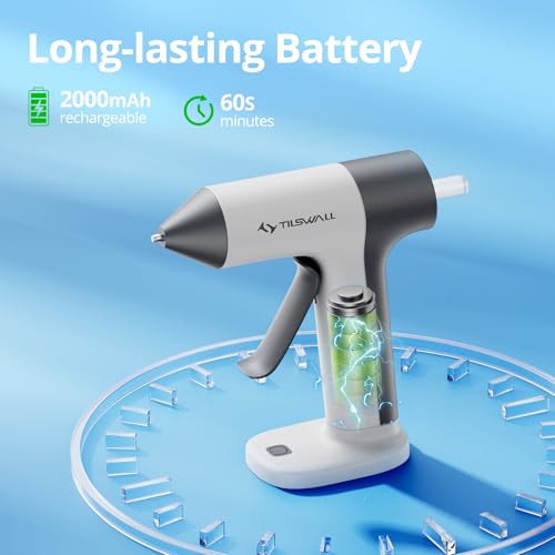 Image of Tilswall Cordless Glue Gun, 4V Fast Preheating Hot Glue Gun with 20pcs Premius Glue Sticks(20x140mm), 2000mAh Type-c Rechargeable, Suitable for DIY Craft, Home Repaire - White