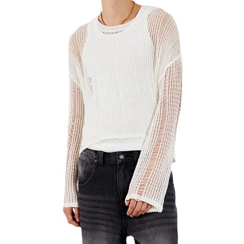 Evankin Men's Long Sleeve T-shirt Hollowed out Semi See Through Top Elastic Loose Knit Sweater Base Layer Bottom Underwear