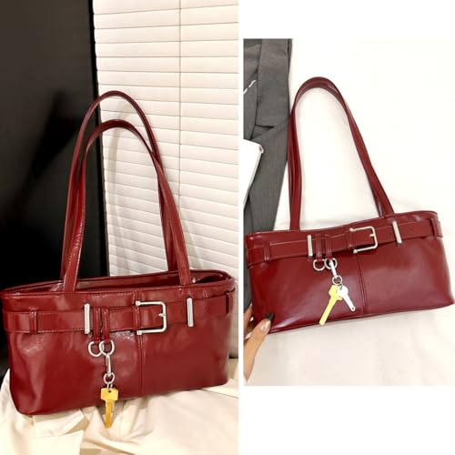 Vintage Y2K Shoulder Bag for Women,Small Belt Buckle Satchel Purse Leather Handbag Clutch Purse, Underarm Tote Handbag for Daily Use - Wine Red4