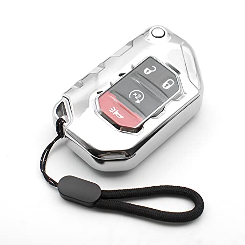 MECHCOS Compatible with 2020 2021 Jeep Wrangler JL JLU Rubicon Jeep Gladiator JT Sahara JLU OHT1130261 Silver TPU Flip Key Fob Cover Case Remote Holder Skin Protector Keyless Entry Sleeve Accessories