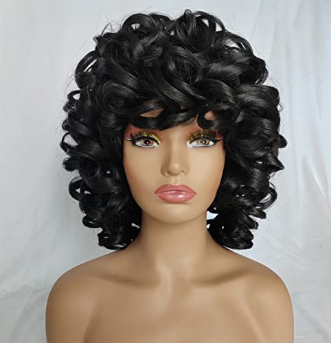 Keat Wigs For Black Women 14" Short Curly Kinky Wig With Bangs Black Big Curly Afro Wigs For African American Cute Natural Synthtic Soft Wigs For Daily Party K001Bk #TOP1