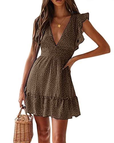 Women Floral Mini Dress Sexy V Neck Ruffle Flutter Sleeve Polka Dot Summer Dresses