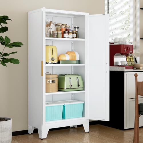 Image of LCAOPC 61 inch Tall Metal Storage Cabinet with 2 Doors and 3 Adjustable Shelves, 4-Tier Kitchen Pantry Storage Cabinet for Kitchen, Living Room, Dining Room and Office, White