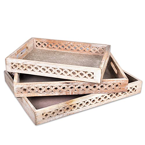 Mela Artisans Farmhouse & Tv Ottoman Wooden Serving Tray - Medium, Trellis Whitewash | Decorative Mango Wood | Use To Serve Breakfast, Other Foods, Coffee, Tea | Rustic Home Decor | 16" X 12” X 2.5” #TOP5