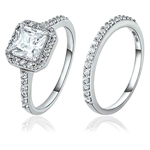 SEA OF ICE Engagement Rings Princess Cut – Elegant Wedding Engagement Ring Set – 925 Sterling Silver and Cubic Zirconium Rings for Women - Princess Cut Halo Engagement Ring and Band – 6 x 6mm