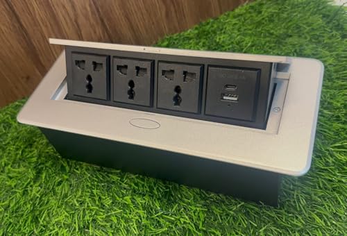 Image of Audiovan Hydraulic Cable Cubby Pop Up Conference Box, Cable Manager Socket Electrical Box With 3 Power Socket and 2 USB socket C type Charger (Silver popup box 3 Power+ 2 USB (A+C TYPE)