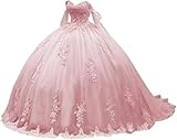Ftupza Off Shoulder Quinceanera Dresses for Women Lace Appliques Sweet 15 16 Dresses Puffy Tulle Birthday Ball Gowns with Train Pink 6