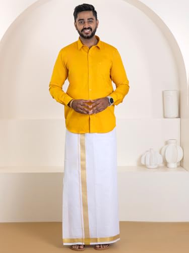 Image of RAMRAJ COTTON Men Premium Cotton Full Sleeves Shirt and Fancy Border Dhoti Set Luxe Set