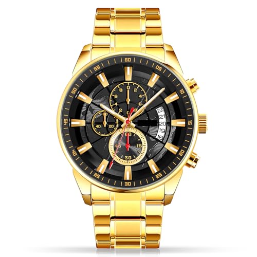 LIFEJXWEN Reloj de cuarzo analógico para hombre, reloj de cuarzo multifuncional impermeable hasta 30 m, correa de acero inoxidable dorado, gris, pulser
