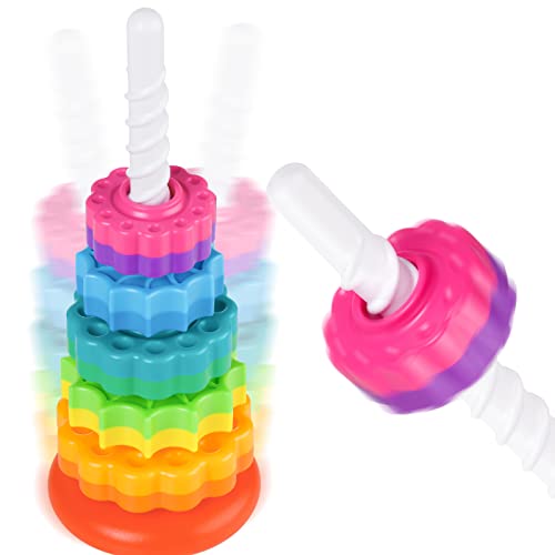 NiToy 35cm Stapelturm mit Drehfunktion, Regenbogen-Stapelringe Spielzeug für Kinder, Zweifarbige drehende Räder, Lernspielzeug aus BPA-frei ABS-Kunststoff zur Frühen Förderung und Gehirnentwicklung