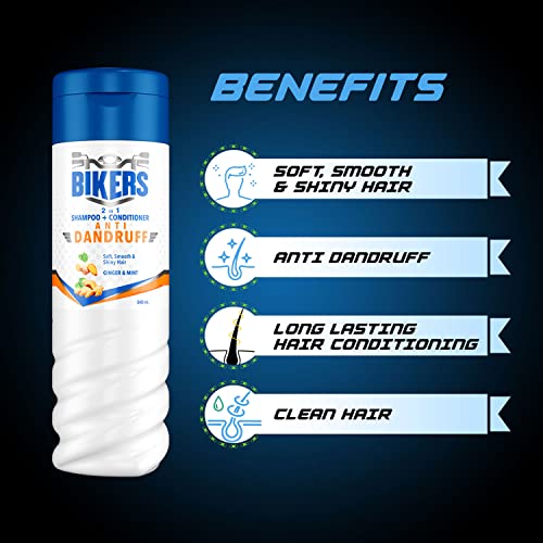 Biker's 2-in-1 Anti Dandruff Shampoo + Conditioner, Enriched with Ginger and Mint for Soft Smooth Shiny and Conditioned Hair, Shampoo for Men, 340 ml, White 4
