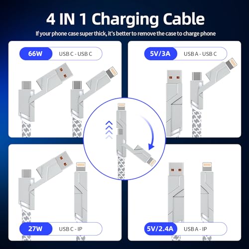 Image of 4 in 1 Charging Cable 5FT -MAX 66W USB C Cable Fast Charging, Multi Charging Cable, Multiple iPhone Charger Cord for iPhone 17 /16 /15 /14 /13 /iPad /Android /Tablets /Car and More, Cruise Travel Essentials