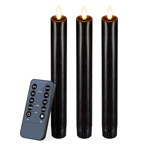 smtyle Halloween Black Flameless Taper Candles Home Decor Set of 3 Battery Operated with 3D Flame Wick Flickering LED Light for Candlesticks 0.86 x 8inch