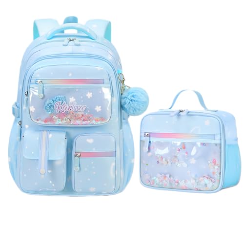 2Pcs Kids Backpack Set for Girls with Lunch Box Bookbag for Elementary School Pre Girls School Bag Water Resistant Blue