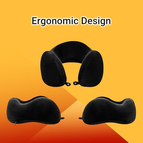 Image of Billebon Extra Soft Memory Foam Luxury Travel Neck Support Rest Pillow with Soft Washable & Removable Cover, Multipurpose Comfortable Travel Pillow for Airplane (Black with Eye MASK)