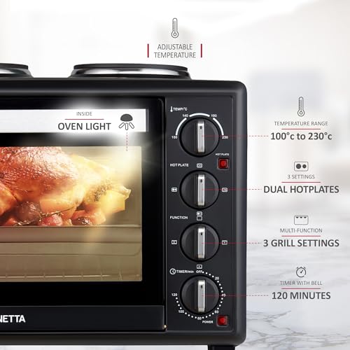 NETTA 35L Electric Mini Oven with Double Hotplate, Multiple Cooking Functions & Grill, Adjustable Temperature Control, 120 Minute Timer, Accessories Included