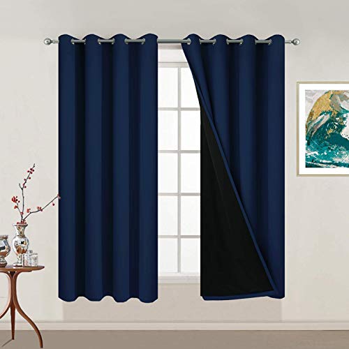 Image of Yakamok Navy Blue 100% Blackout Curtains 54 Inches Long 52 inch Wide, 2 Panels | Blackout Curtain Panels for Bedroom, 2 Thick Layers Grommet Top Thermal Insulated Drapes with Black Liner for Living Room