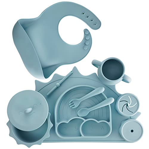 Image of Baby Pastels - Baby Feeding Set - Baby Led Weaning Supplies - Silicone Suction Utensils/Cutlery/Dishes/Dinnerware for 6-36 months - Bowl, Plate, Spoon Fork, Bib, Placemat, Cup 11 Pieces (Pastel Blue)