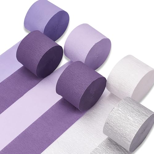 Image of PartyWoo Crepe Paper Streamers 6 Rolls 492ft, Pack of Metallic Silver, Light Purple, Lilac, Lavender Purple, White Crepe Paper for Birthday Decorations, Baby Shower Decorations (1.8 Inch x 82 Ft /Roll)