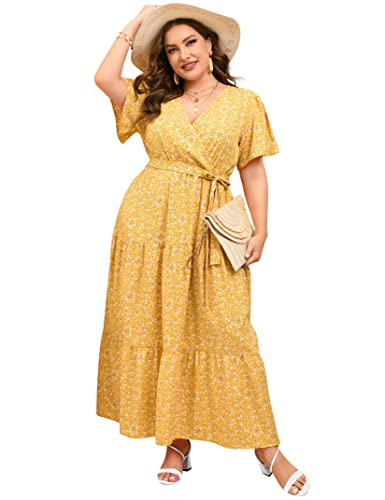 Image of ShopWonder Womens Plus Size V Neck Wrap Maxi Dress High Waist Ruffle Summer Casual Dress with Belt