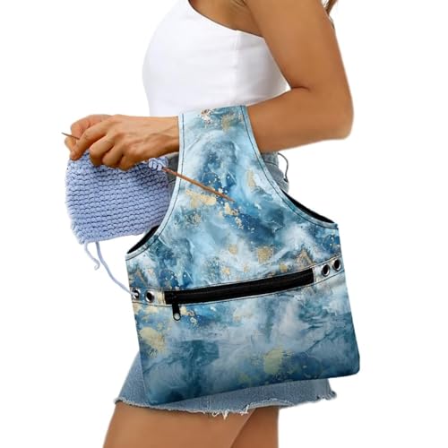 Image of KUIFORTI Yarn Bag, Portable Crochet Bag Organizer Blue Marble Yarn Storage Bag Organizer Knitting Accessories Travel Wrist Bag, Lightweight Yarn Tote Bags for Crocheting on The Go, Small Size