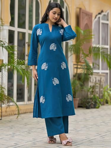 Image of INDO ERA Women's Pure Cotton Floral Embroidered A-Line Kurta & Palazzo Set (IEOUT11996)