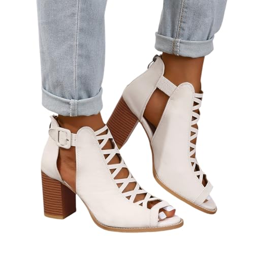 Women Chunky Heeled Sandals Stacked Heel Open Toe Cutout Heels Gladiator Ankle Strap Pumps Summer Bridal Party Dress Shoes
