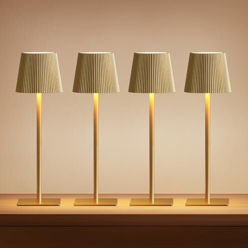 LUTEC 4 Pack Cordless Table Lamp 6000mAh Rechargeable Battery Operated Desk Lamp Two Adjustable Heights Waterproof Touch Control & 3 Color Stepless Dimming for Restaurant/Bedroom/Bars/Outdoor (Gold)