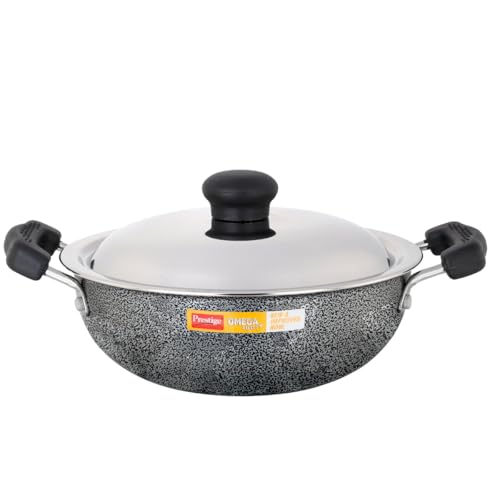 Prestige Omega Select Plus Aluminium Non-Stick Round Base Kadhai with Lid, 20 cm, Black