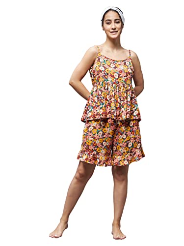 Image of Miss Chase Women's Multicolour Round Neck Sleeveless Floral Ruffled Hem Short Top & Shorts Sets