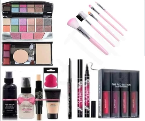 Image of Just Tya Professional All in One Makeup Kit Set for Women & Girls | Full Face Makeup Combo Set with 5024 Eyeshadow Palette, Matte Lipsticks, Foundation, Fixer, Primer, Contour, Eyeliner, Kajal, Makeup Brushes & Beauty Sponge Puff | Bridal & Party Makeup Kit