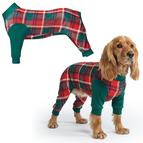Image of Spark Paws Dog Christmas Pajama, Dog Recovery Suit Male, Onesie, Ultra-Soft and 4-Way Stretch, for Small Medium and Large Breeds - Green and Red Plaid - L