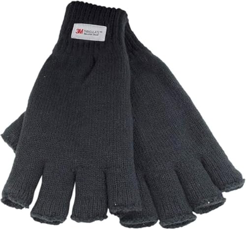 GM Apparel Mens Ladies Thinsulate 3M Thermal Insulated Fingerless Gloves Knitted Winter Wooly Mittens Black (L-XL)