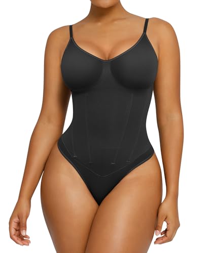 SHAPELLX Womens Shapewear Tummy Control Thong Slimming Body Shaper Seamless Compression Top Waist Boning Corset Bodysuit