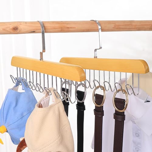 2Pcs Belt Hanger for Closet, Belt Hanger for Wardrobe 360° Rotating Hooks, Space-Saving Tie Rack Sturdy Wood Belt Storage Organizer for Tie Belt Scarf Camisole Bra (8 Hooks Natural)