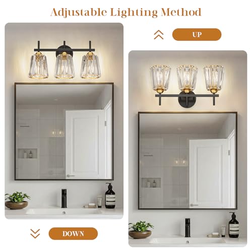 Image of Crystal Bathroom Light Fixtures Over Mirror, Black Gold 3-Light Bathroom Vanity Lights Over Mirror Modern Wall Lighting Sconces with Ceramic E26 Base (Bulbs Not Include)
