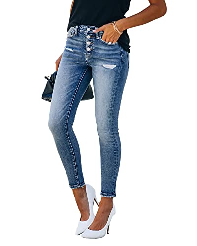 Allimy Women's High Waist Skinny Stretch Ripped Jeans Destroyed Denim Pants 10 #TOP3
