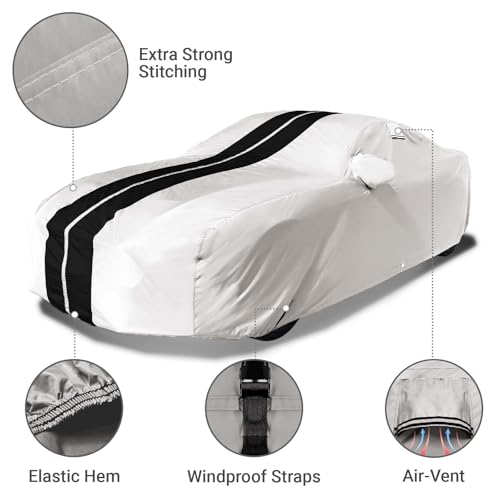 Image of Coverland Premium Plus Custom Fit Car Cover 1997-2019 Chevy Corvette C5, C6, C7 Waterproof All Weather Rain Snow UV Sun Hail Protector, Full Exterior Indoor Outdoor Car Cover Stripe(Light Gray /Black)