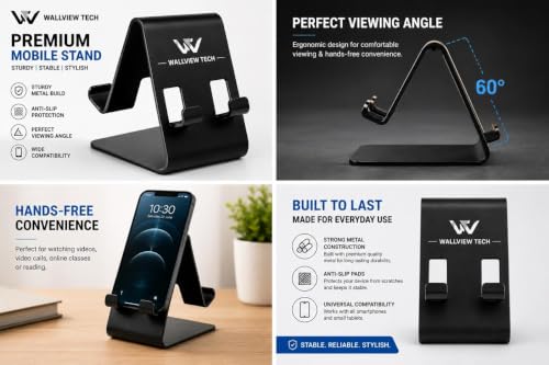 Image of WALLVIEW TECH Mobile Phone Stand 360 Rotation Height and Angle Adjustable Cell Phone Stand for Desk Office Foldable Desktop Phone Holder for Smartphone 4-10'' Tablet Holder(White) (OOLA Stand Black)