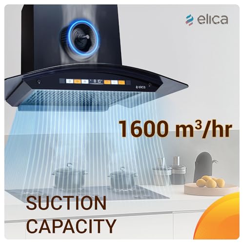 Image of Elica 75cm 1600 m3 /hr Filterless Autoclean Curved Glass Kitchen Chimney|15 Yrs Motor & 5 Years Comprehensive Warranty|Black | Orange Touch Control Panel+Motion Sensor| WD HS ORG FL 750 HAC LTW MS NERO
