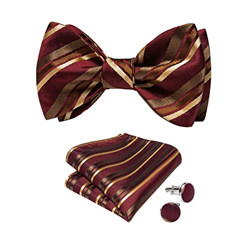 DiBanGu Silk Bow Ties for Men,Paisley/Striped/Plaid Self Tie Bow Tie and Pocket Square Cufflinks Tuxedo Wedding Bowties Set, Red Gold, One size
