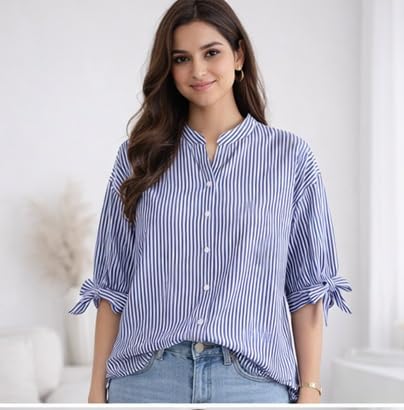 Women Striped Cotton Top, Regular Fit, 3/4 Sleeve, Casual Daily and Office Wear