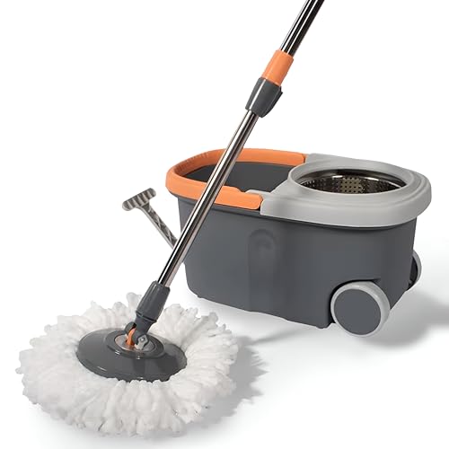Image of Prime Pick Spin Mop with Stainless Steel Wringer & Big Wheels | 360 Rotating Mop, Adjustable Handle | Easy Floor Cleaning Bucket Set with 2 Microfiber Refills - Grey & Orange (46 x 24 x 22 cm)